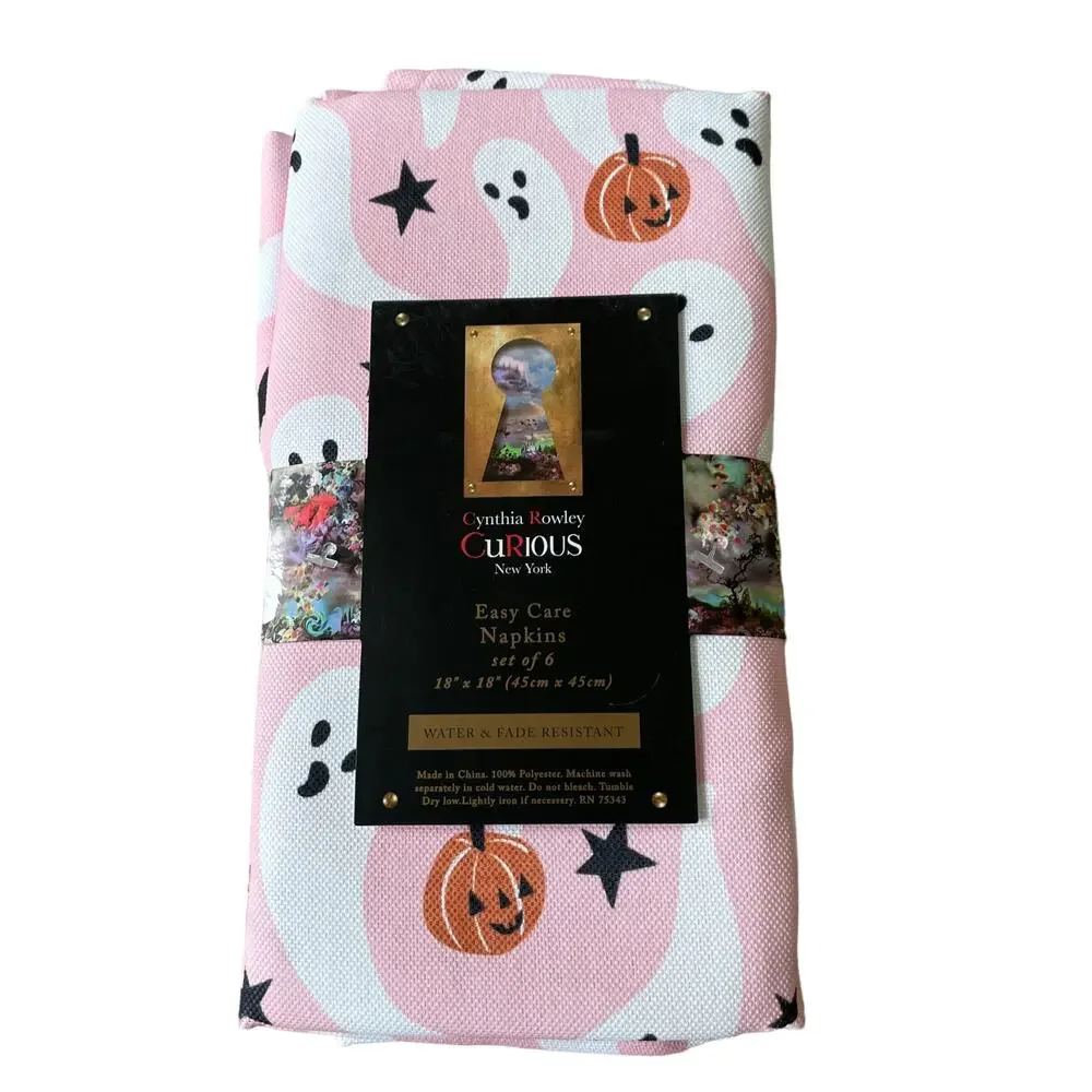 Cynthia Rowley Halloween PINK GHOST Dinner Napkins 18x18 Set of 6 Spooky NEW